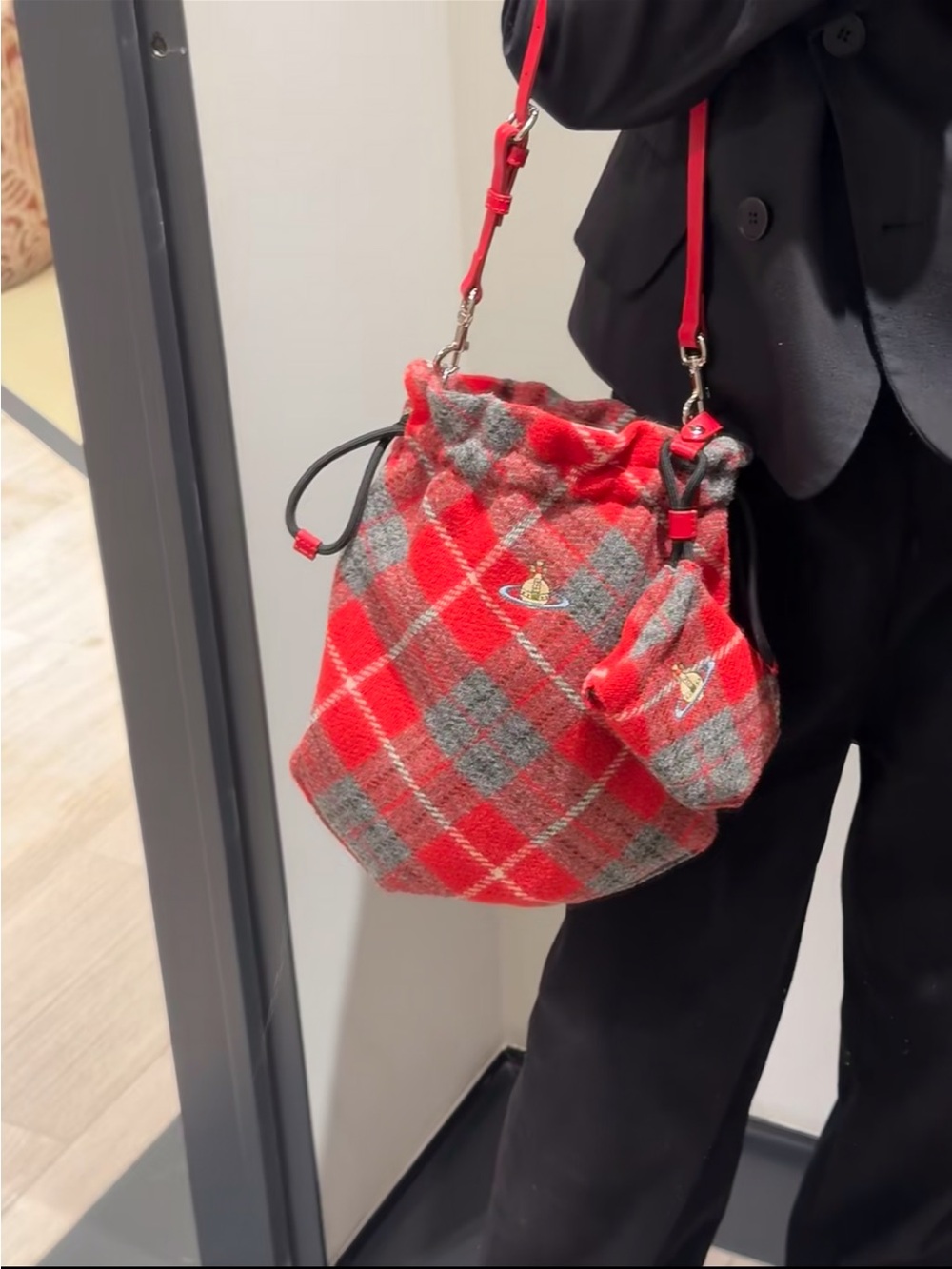 Vivienne Westwood Red and Gray Tartan Crossbody with Orb Patch